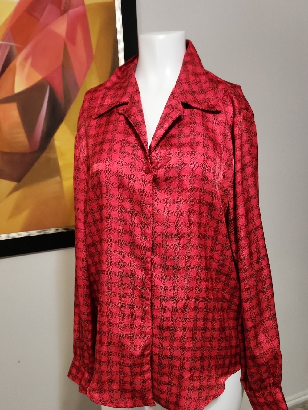 Red Checked Satin Button-Up Women's Blouse